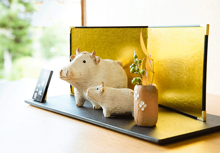 イノシシ☆親子☆藤の丘 美夜之窯 干支置物 ウリ坊 リアル 陶器